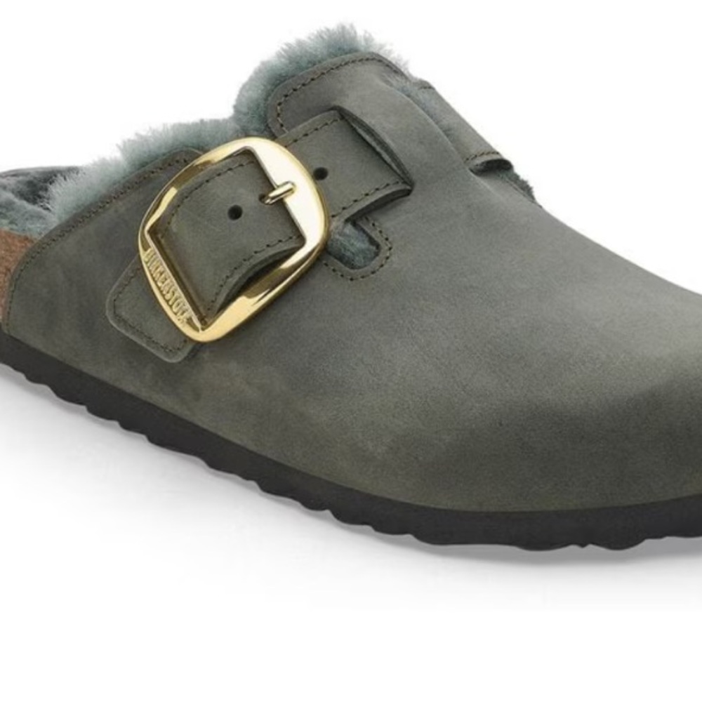 Birkenstock Boston Big Buckle Shearling Clogs - Green and Gold